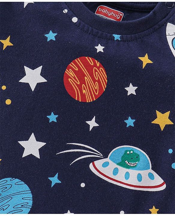 Babyhug Cotton Single Jersey Knit Full Sleeves Night Suit Space Print - Navy Blue