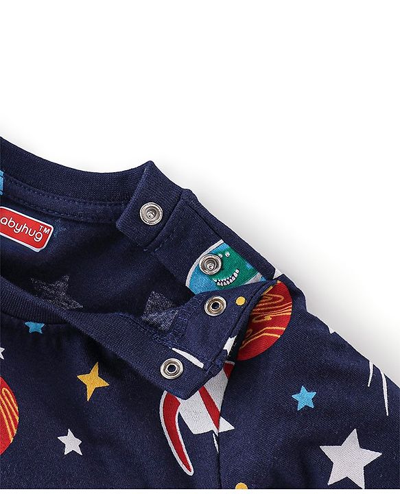 Babyhug Cotton Single Jersey Knit Full Sleeves Night Suit Space Print - Navy Blue