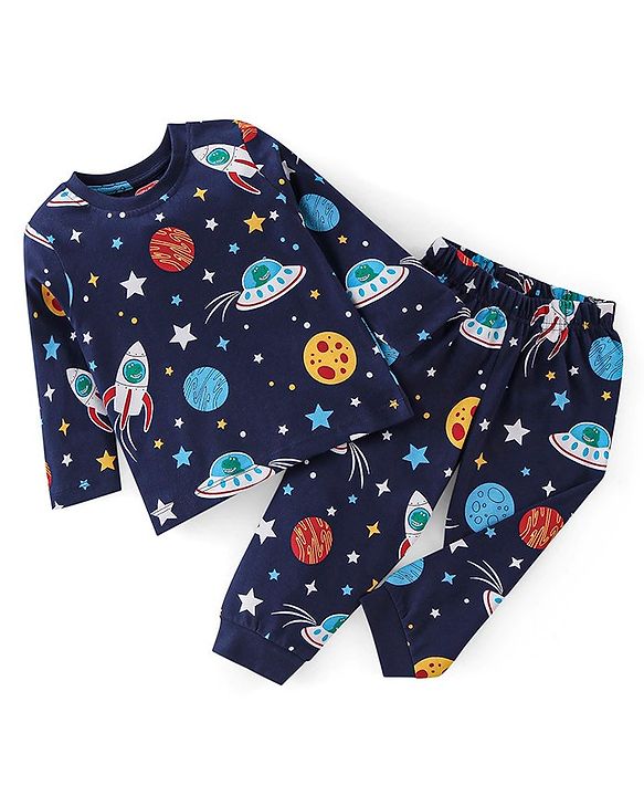 Babyhug Cotton Single Jersey Knit Full Sleeves Night Suit Space Print - Navy Blue