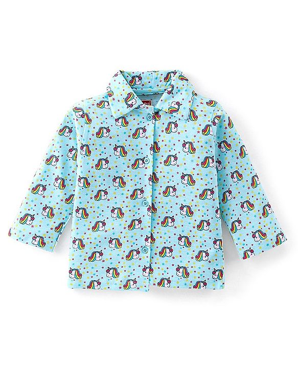 Babyhug Cotton Knit Full Sleeves Night Suit With Unicorn Print - Blue