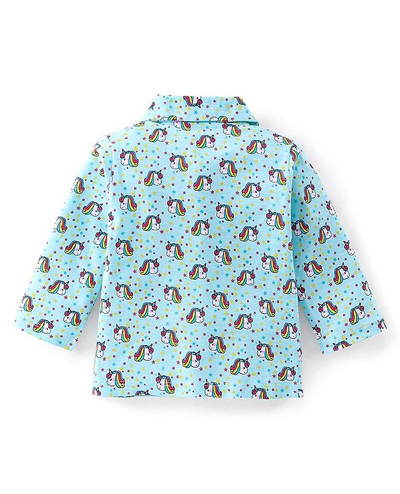 Babyhug Cotton Knit Full Sleeves Night Suit With Unicorn Print - Blue