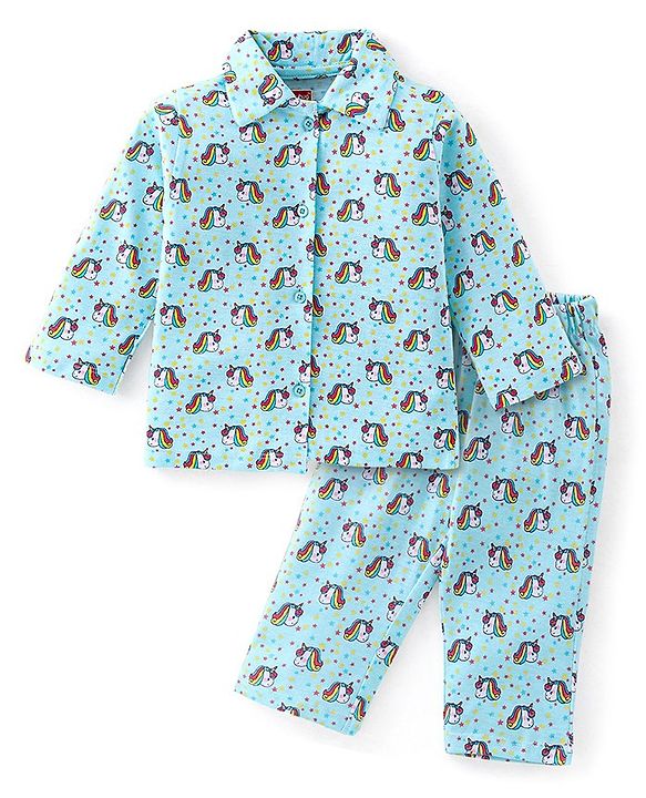 Babyhug Cotton Knit Full Sleeves Night Suit With Unicorn Print - Blue