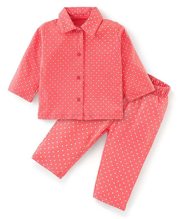 Babyhug Cotton Knit Full Sleeves Polka Dots Printed Night Suit - Orange