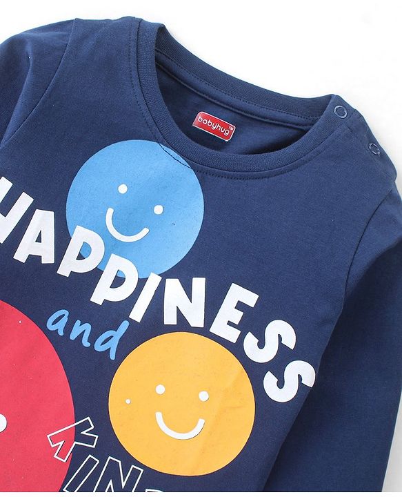 Babyhug 100% Cotton Knit Full Sleeves Happiness Printed T-Shirt - Navy Blue