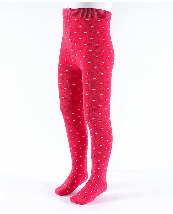 Pine Kids Full Length Footed Jaquard Tights Polka Dot Design - Red