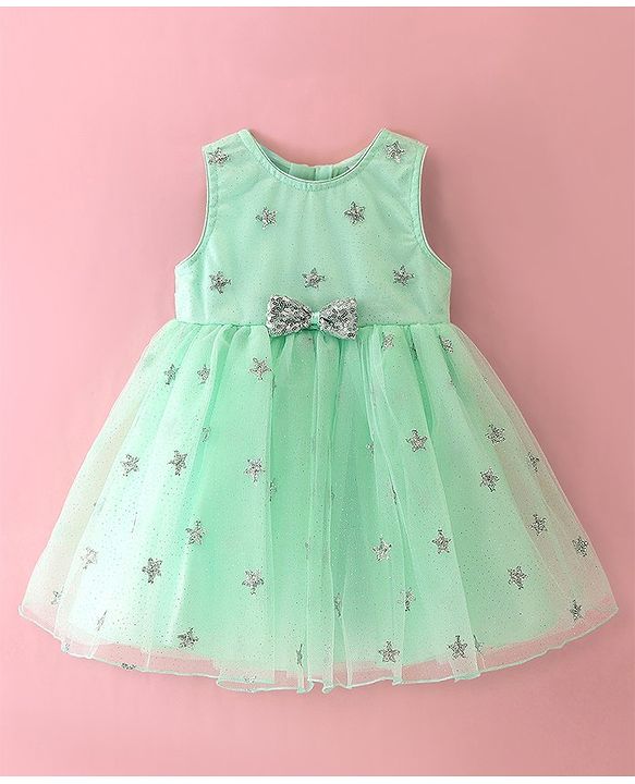 Babyhug Sleeveless Party Frock with Sequinned Star Embroidery - Mint Blue