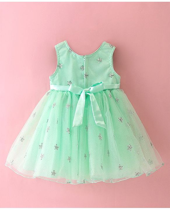 Babyhug Sleeveless Party Frock with Sequinned Star Embroidery - Mint Blue