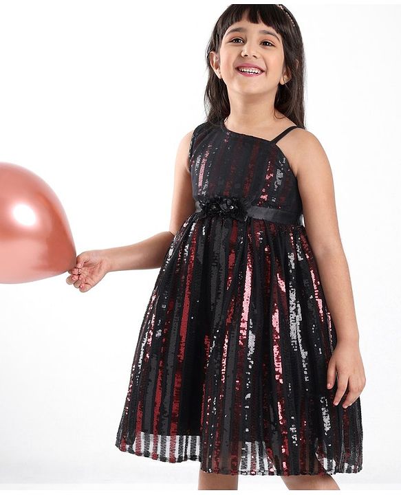 Babyhug Sleeveless Sequinned Party Frock with Floral Applique - Red & Black