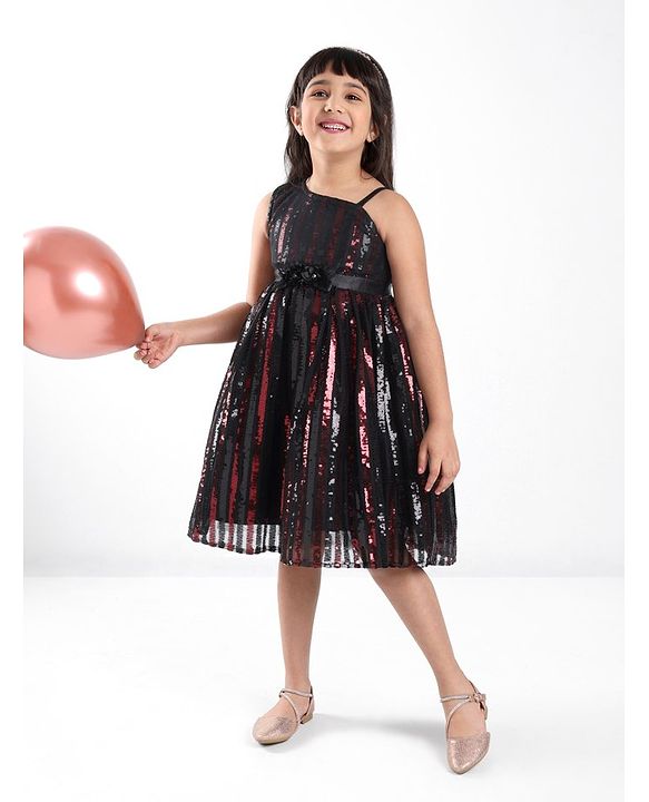 Babyhug Sleeveless Sequinned Party Frock with Floral Applique - Red & Black