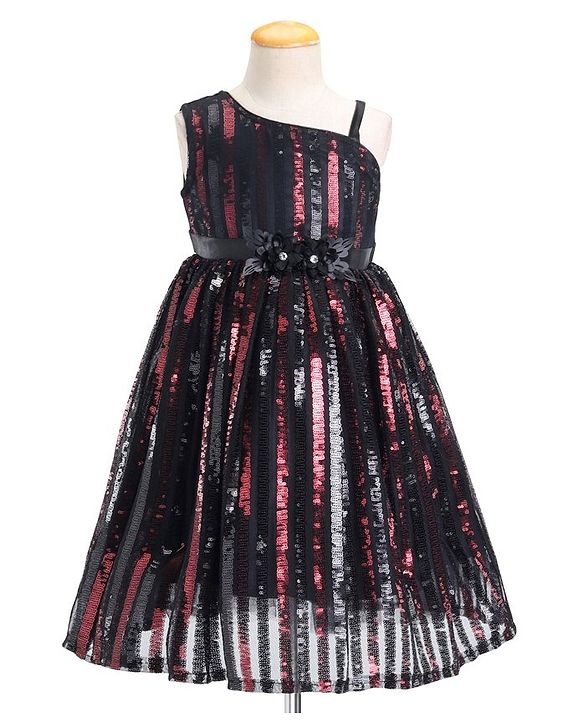 Babyhug Sleeveless Sequinned Party Frock with Floral Applique - Red & Black