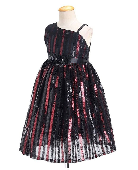 Babyhug Sleeveless Sequinned Party Frock with Floral Applique - Red & Black