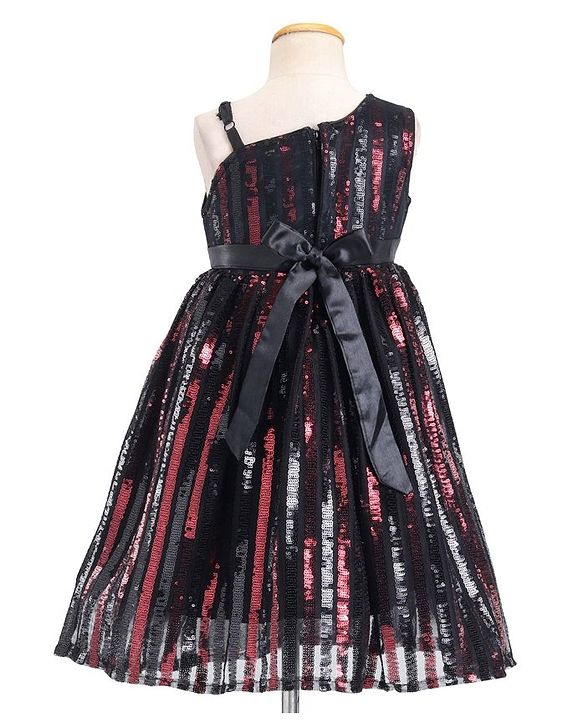Babyhug Sleeveless Sequinned Party Frock with Floral Applique - Red & Black