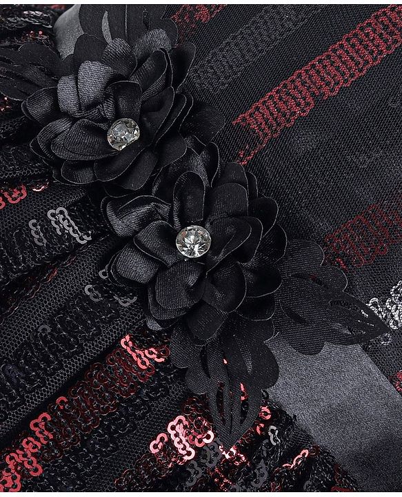 Babyhug Sleeveless Sequinned Party Frock with Floral Applique - Red & Black
