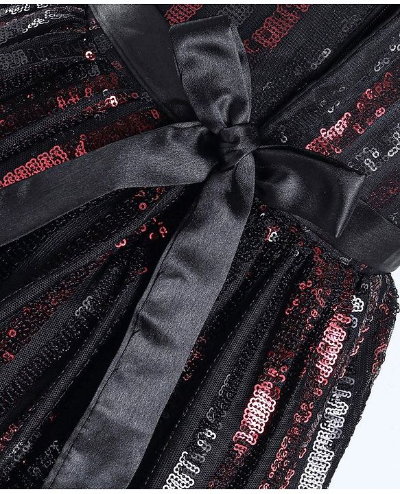 Babyhug Sleeveless Sequinned Party Frock with Floral Applique - Red & Black