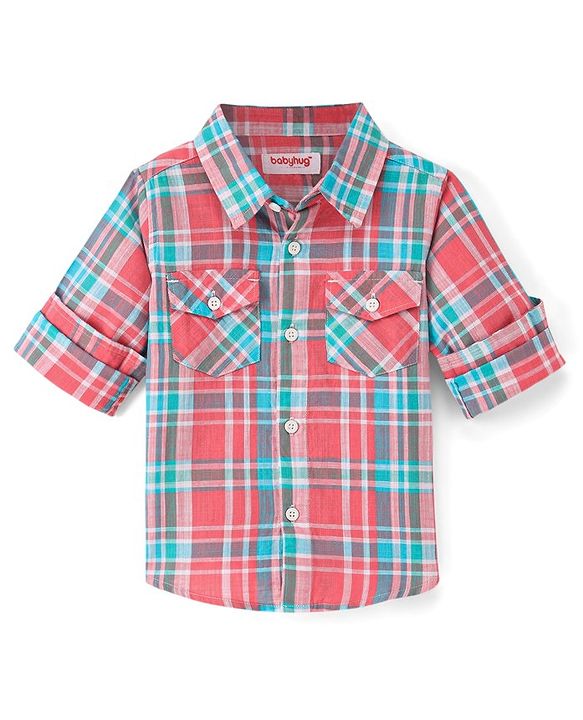 Babyhug 100% Cotton Woven Full Sleeves Checkered Shirt - Pink & Green