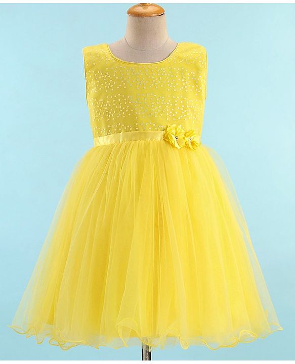 Babyhug Sleeveless Sequinned & Embroidered Party Frock with Floral Applique -  Yellow