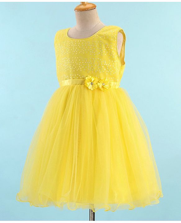 Babyhug Sleeveless Sequinned & Embroidered Party Frock with Floral Applique -  Yellow