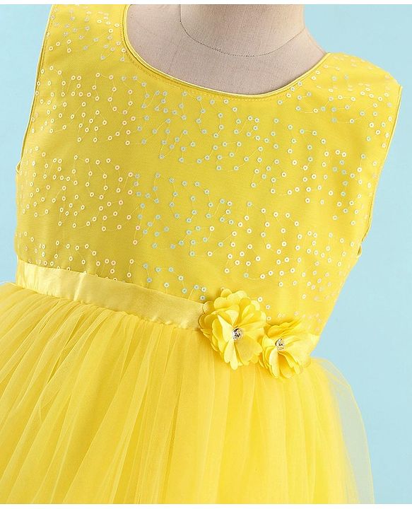 Babyhug Sleeveless Sequinned & Embroidered Party Frock with Floral Applique -  Yellow