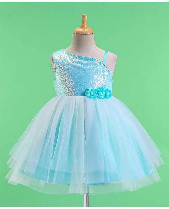 Babyhug Woven Sleeveless Party Frock With Sequinned & Floral Applique - Blue