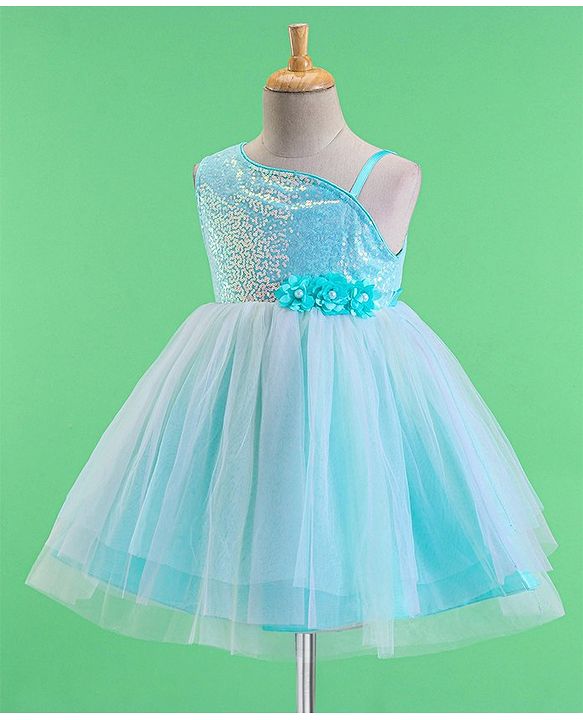 Babyhug Woven Sleeveless Party Frock With Sequinned & Floral Applique - Blue