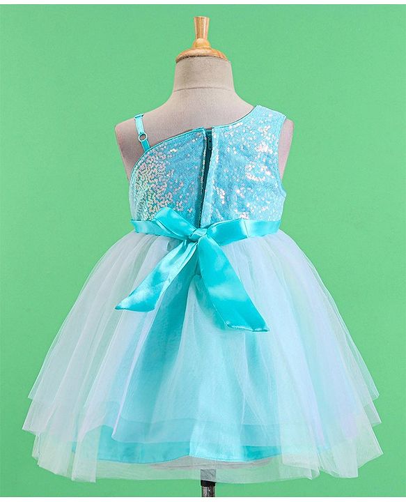 Babyhug Woven Sleeveless Party Frock With Sequinned & Floral Applique - Blue