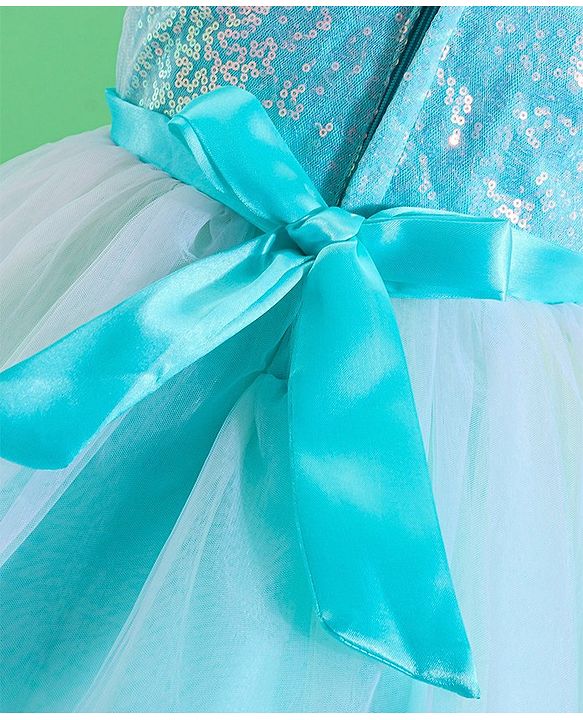 Babyhug Woven Sleeveless Party Frock With Sequinned & Floral Applique - Blue