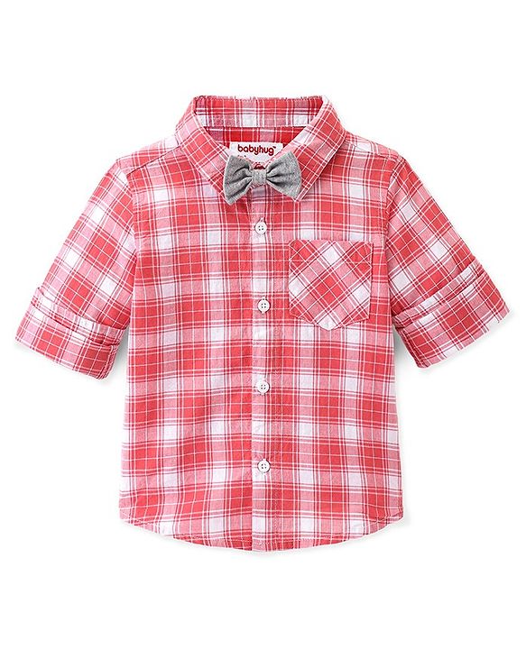 Babyhug Cotton Woven Full Sleeves Checkered One Pocket Party Shirt with Bow Tie - Red & White