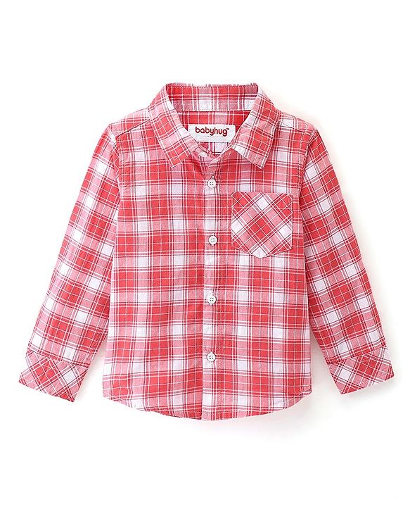 Babyhug Cotton Woven Full Sleeves Checkered One Pocket Party Shirt with Bow Tie - Red & White
