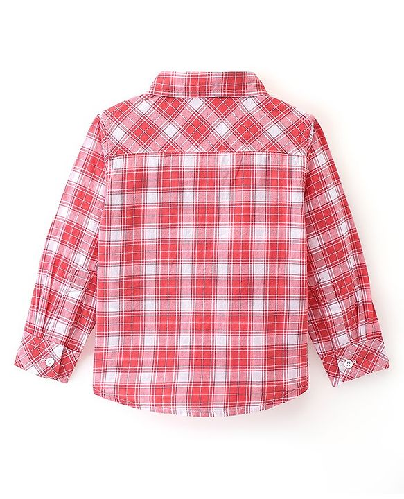 Babyhug Cotton Woven Full Sleeves Checkered One Pocket Party Shirt with Bow Tie - Red & White