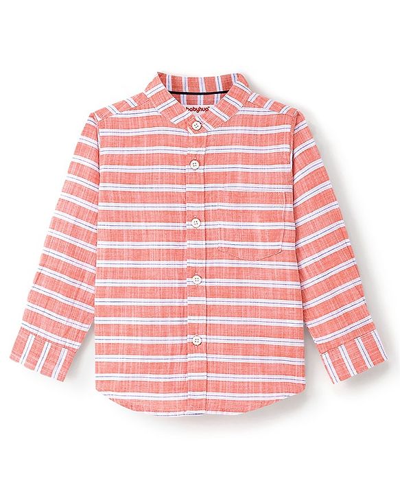 Babyhug 100% Cotton Woven Full Sleeves Striped Shirt with Pocket - Orange