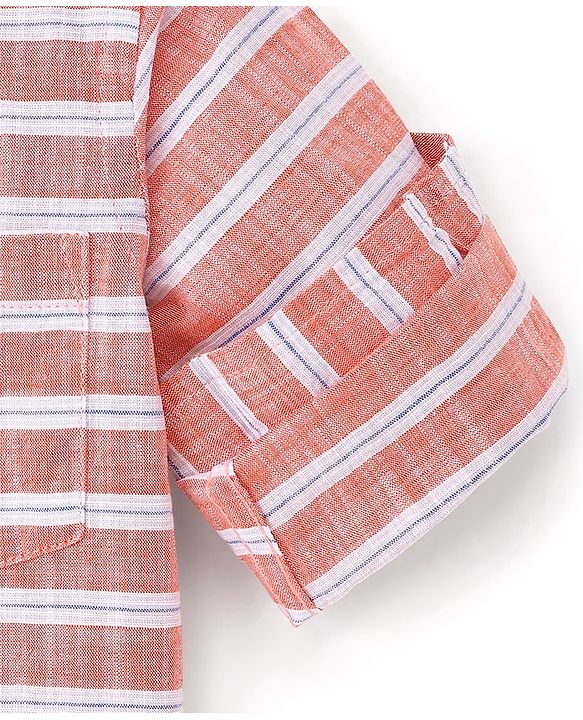 Babyhug 100% Cotton Woven Full Sleeves Striped Shirt with Pocket - Orange