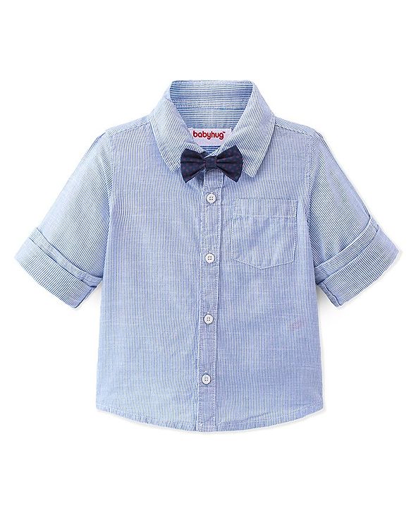 Babyhug Cotton Woven Full Sleeves Striped One Pocket Party Shirt with Bow Tie - Red & White