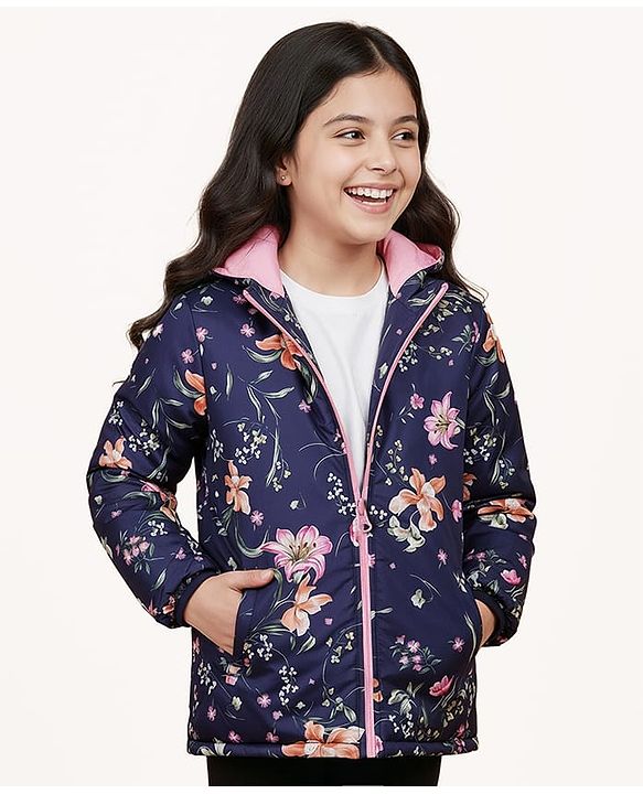 Pine Kids Full Sleeves Solid Reversible Medium Winter Jacket Floral Print - Navy Blue & Pink