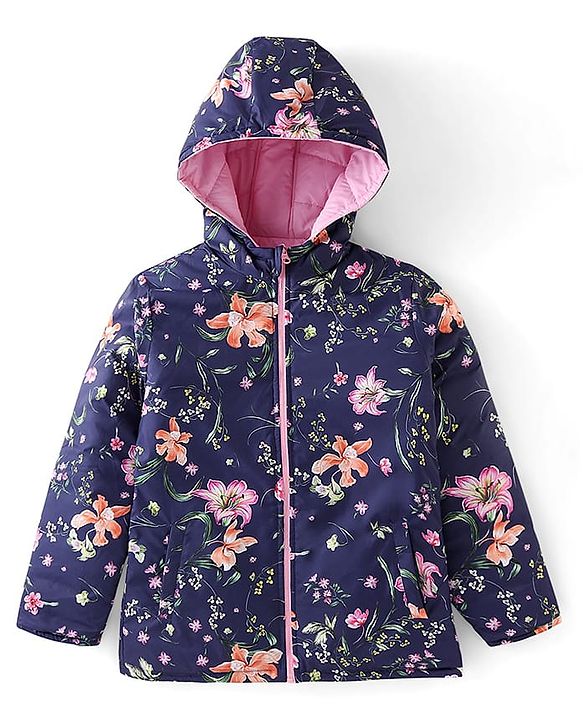 Pine Kids Full Sleeves Solid Reversible Medium Winter Jacket Floral Print - Navy Blue & Pink