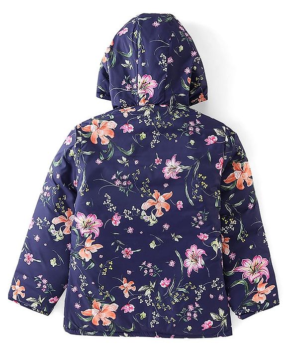 Pine Kids Full Sleeves Solid Reversible Medium Winter Jacket Floral Print - Navy Blue & Pink