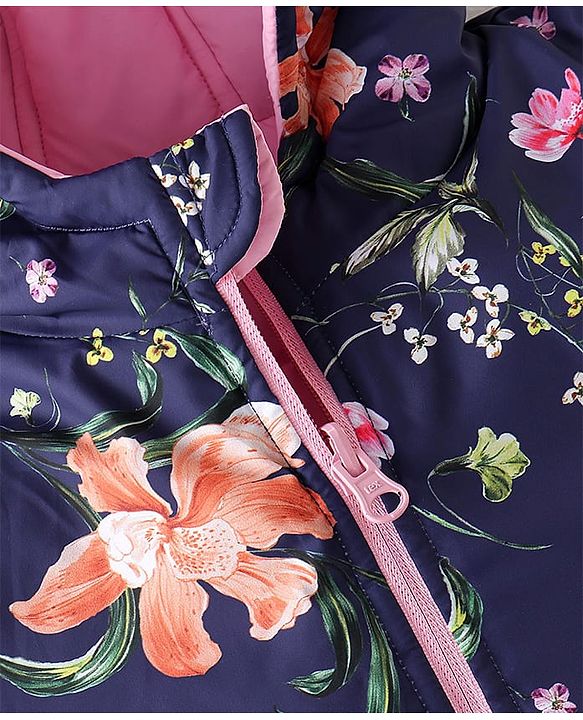 Pine Kids Full Sleeves Solid Reversible Medium Winter Jacket Floral Print - Navy Blue & Pink