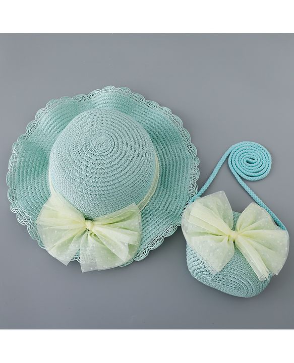 Babyhug Straw Hat with Bow Applique and Purse - Blue