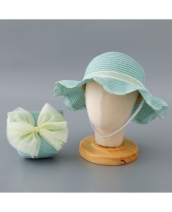 Babyhug Straw Hat with Bow Applique and Purse - Blue