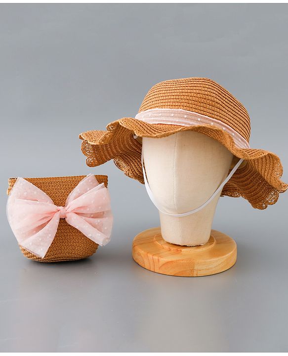 Babyhug Straw Hat with Bow Applique and Purse - Blue