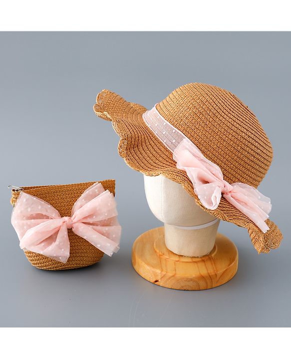 Babyhug Straw Hat with Bow Applique and Purse - Blue