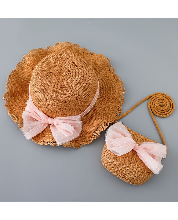 Babyhug Straw Hat with Bow Applique and Purse - Blue