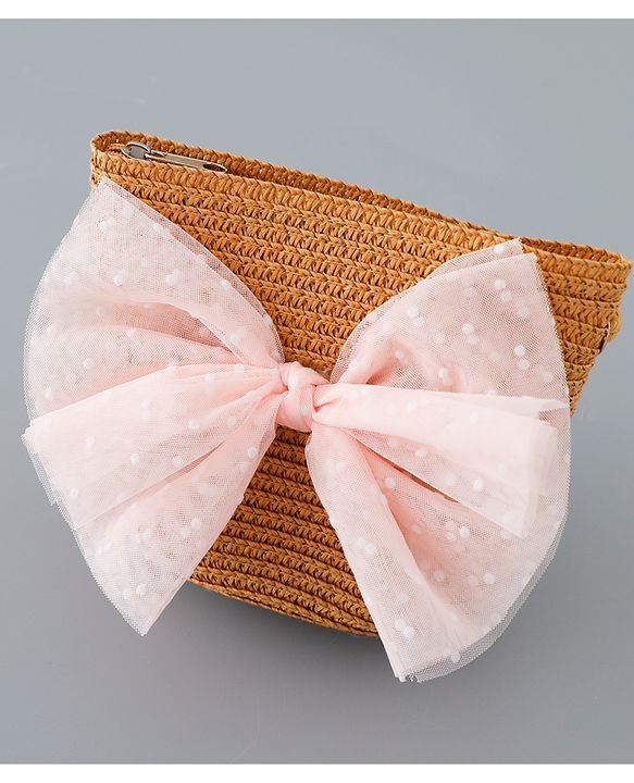 Babyhug Straw Hat with Bow Applique and Purse - Blue