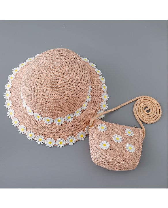 Babyhug Straw Hat Flower Design and Purse - Pink