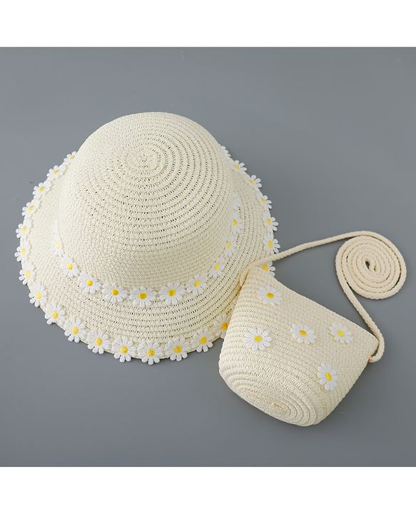 Babyhug Straw Hat Flower Design with Bow Applique and Purse - Cream