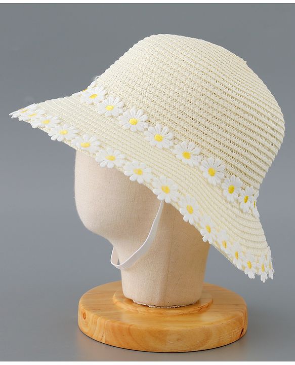 Babyhug Straw Hat Flower Design with Bow Applique and Purse - Cream