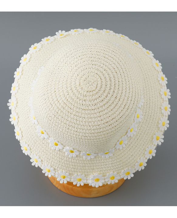 Babyhug Straw Hat Flower Design with Bow Applique and Purse - Cream