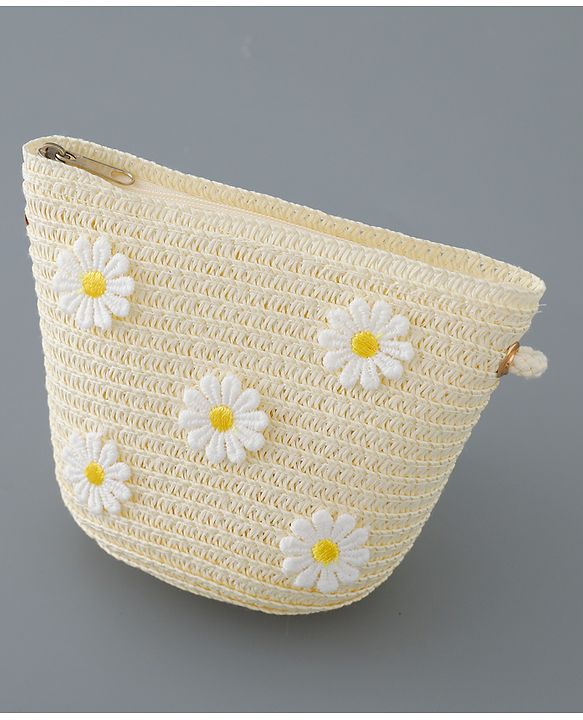 Babyhug Straw Hat Flower Design with Bow Applique and Purse - Cream