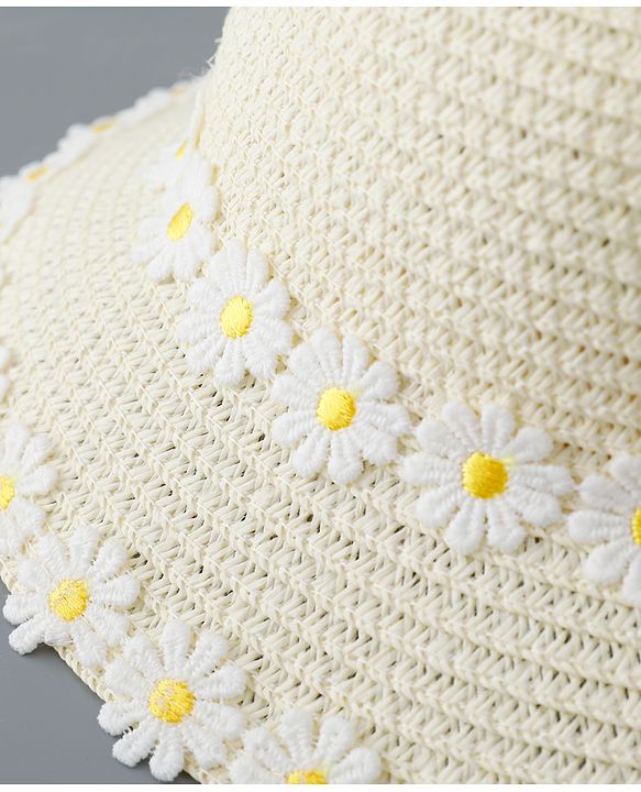 Babyhug Straw Hat Flower Design with Bow Applique and Purse - Cream