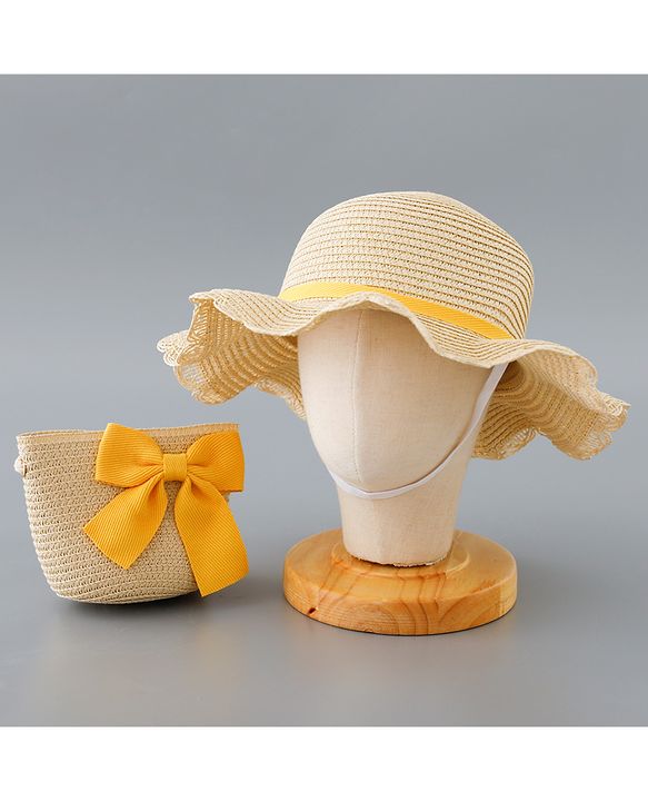 Babyhug Straw Hat with Bow Applique and Purse - Beige