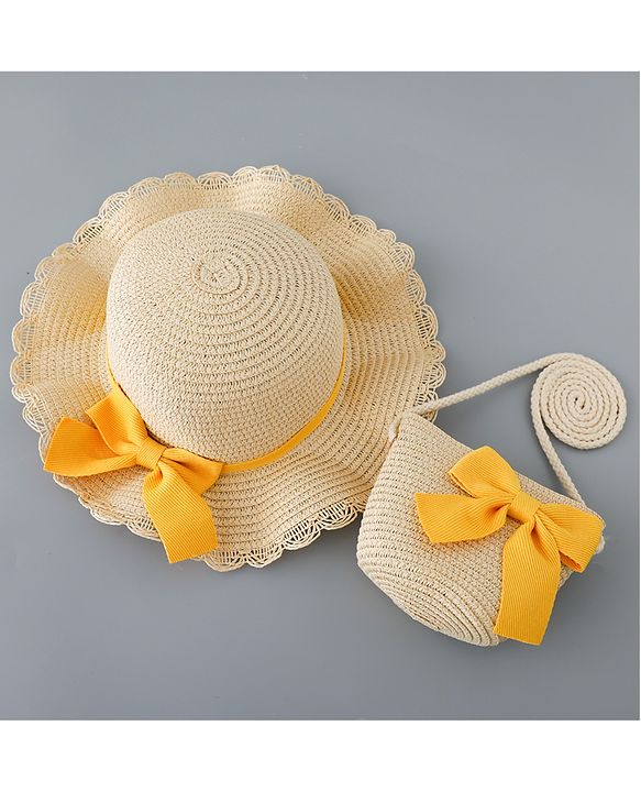 Babyhug Straw Hat with Bow Applique and Purse - Beige